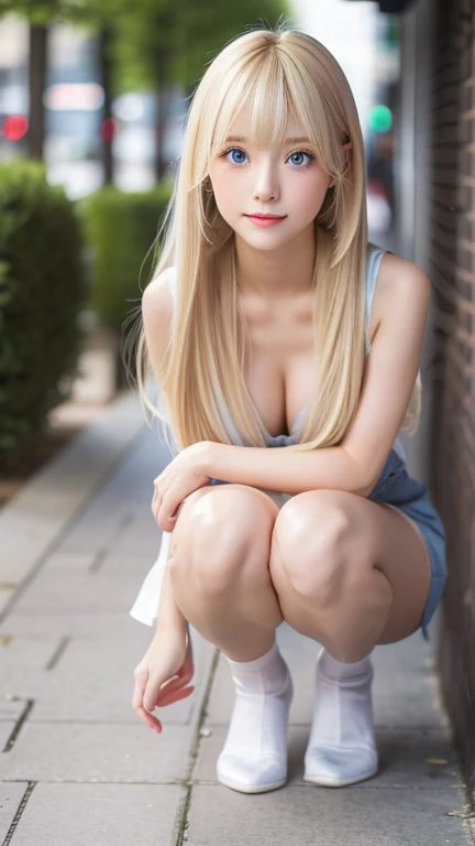 highest quality Embarrassed expression seen by viewers Shining, clear, white skin、Her windblown blonde hair hides her beautiful face、huge、20 years old cute sexy little beautiful face、Beautiful straight hair that stands out、growing up, Sparkling light blue eyes、long silky bangs that cover cute eyes, Sexy and cute young woman with super long hair hiding her sexy face、Nasty Woman Super long, natural platinum blonde shiny hair Beautiful bangs that cover the forehead and reach the eyebrows Beautiful chest Crouching position with legs apart Showing her crotch whole body Lower Body Overall image Sensual pose Beautiful lips ready to kiss you, beautiful legs Wearing knee socks Crotch hair is thin