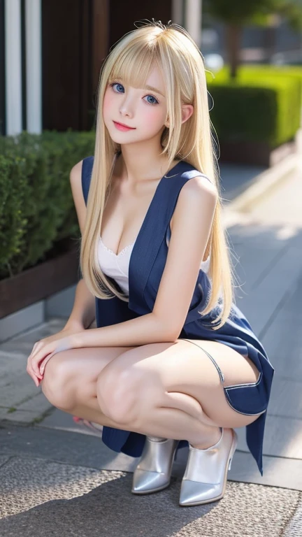 highest quality　Embarrassed expression seen by viewers　Shining, clear, white skin、Her windblown blonde hair hides her beautiful face、huge、20 years old cute sexy little beautiful face、Beautiful straight hair that stands out、growing up, Sparkling light blue eyes、long silky bangs that cover cute eyes, Sexy and cute young woman with super long hair hiding her sexy face、Nasty Woman　Super long, natural platinum blonde shiny hair　Beautiful bangs that cover the forehead and reach the eyebrows　Beautiful chest　Crouching position with legs apart　Showing her crotch　whole body　Lower Body　Overall image　Sensual pose　Beautiful lips ready to kiss you, beautiful legs　Wearing knee socks　Crotch hair is thin　