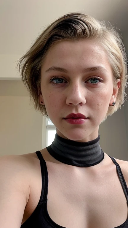 Snapchat selfie of an English lady, 19 years, grey eyes, poor iPhone quality, natural photo grain, short blonde hair, pink lips, sexy gaze, black crop top, photo exposure, nipple tip