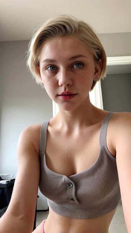 Snapchat selfie of an English lady, 19 years, grey eyes, poor iPhone quality, natural photo grain, short blonde hair, pink lips, sexy gaze, black crop top, photo exposure, nipple tip