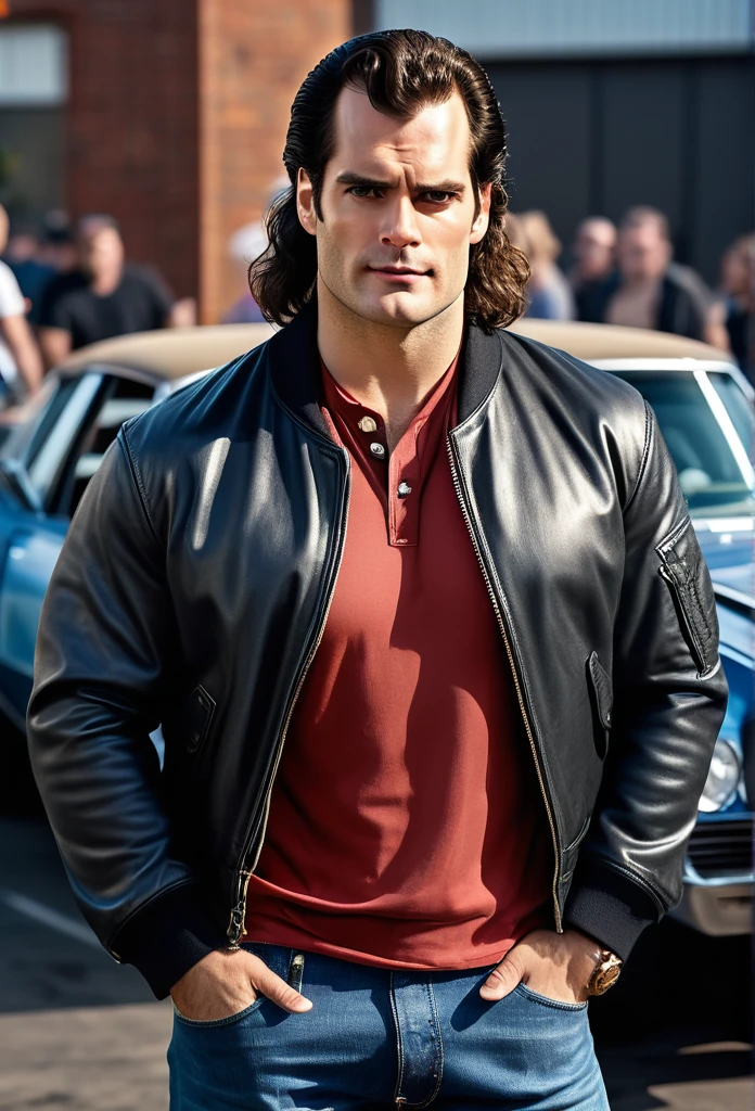 a Satire Photorealistic Picture of Henry Cavill as Clark Kent donning Casual Outfit with the 80's heavy metal rockstar long hairstyle, a bomber jacket, t-Shirts, jeans and sneakers hosting a hilarious Car Show Program Top Gear, insanely detailed and intricate carshow studio properties, detailed and perfect face, masterpiece professional cinematic photo soot