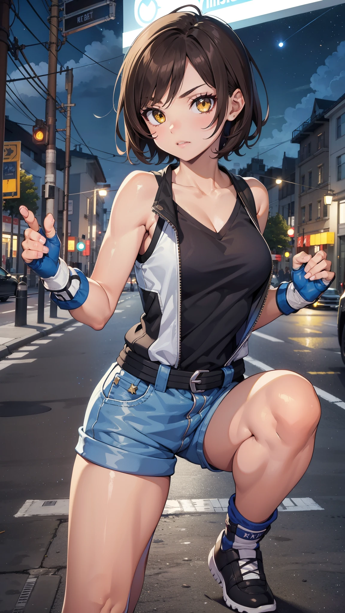 street dancer,  short hair, brown hair, yellow glowing eyes, perfect lips,  cute expression, cute face, cute pose, fingerless gloves, gun, tank top, jacket, cute pose, ultra detailed face, long eyelashes, sharp eyes , Fullbody shot, dinamic viewer, night sky 