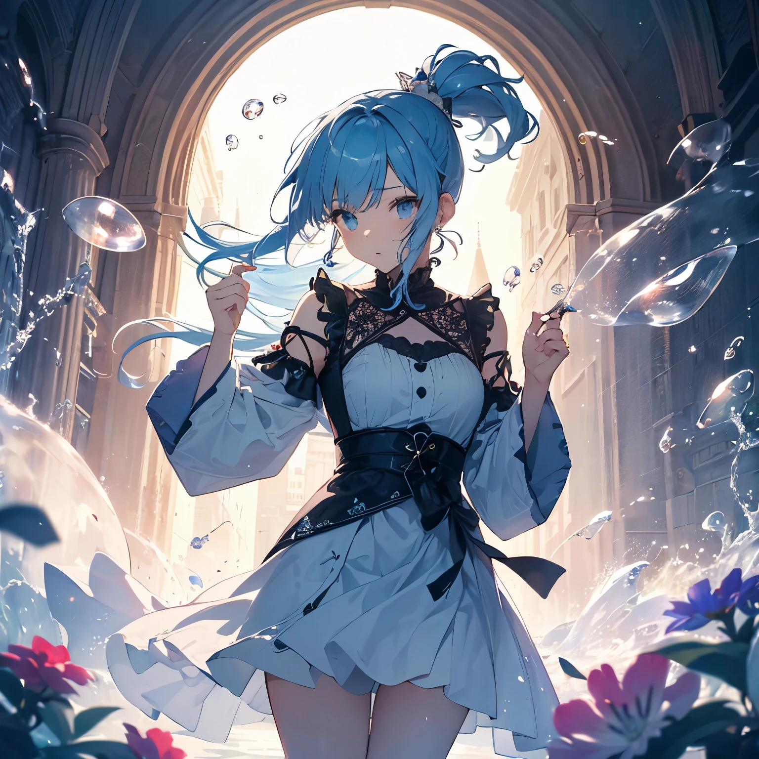 (masterpiece), (highest quality), (Super detailed),(Disheveled Hair),(figure), (One girl), (Fashionable clothes), Are standing, Fashion Model, View your viewers, (interview), (Simple Background),Beautiful fine details, Delicate and beautiful face, floating,(High saturation),(Colorful splashes),Colorful bubbles,(The Shining), Focus on the face, ponytail, kamisato ayaka, Light blue hair, bangs, Hair Ring, Floating Flowers, Floating hair, (The Shining), Best lighting, Best Shadow,