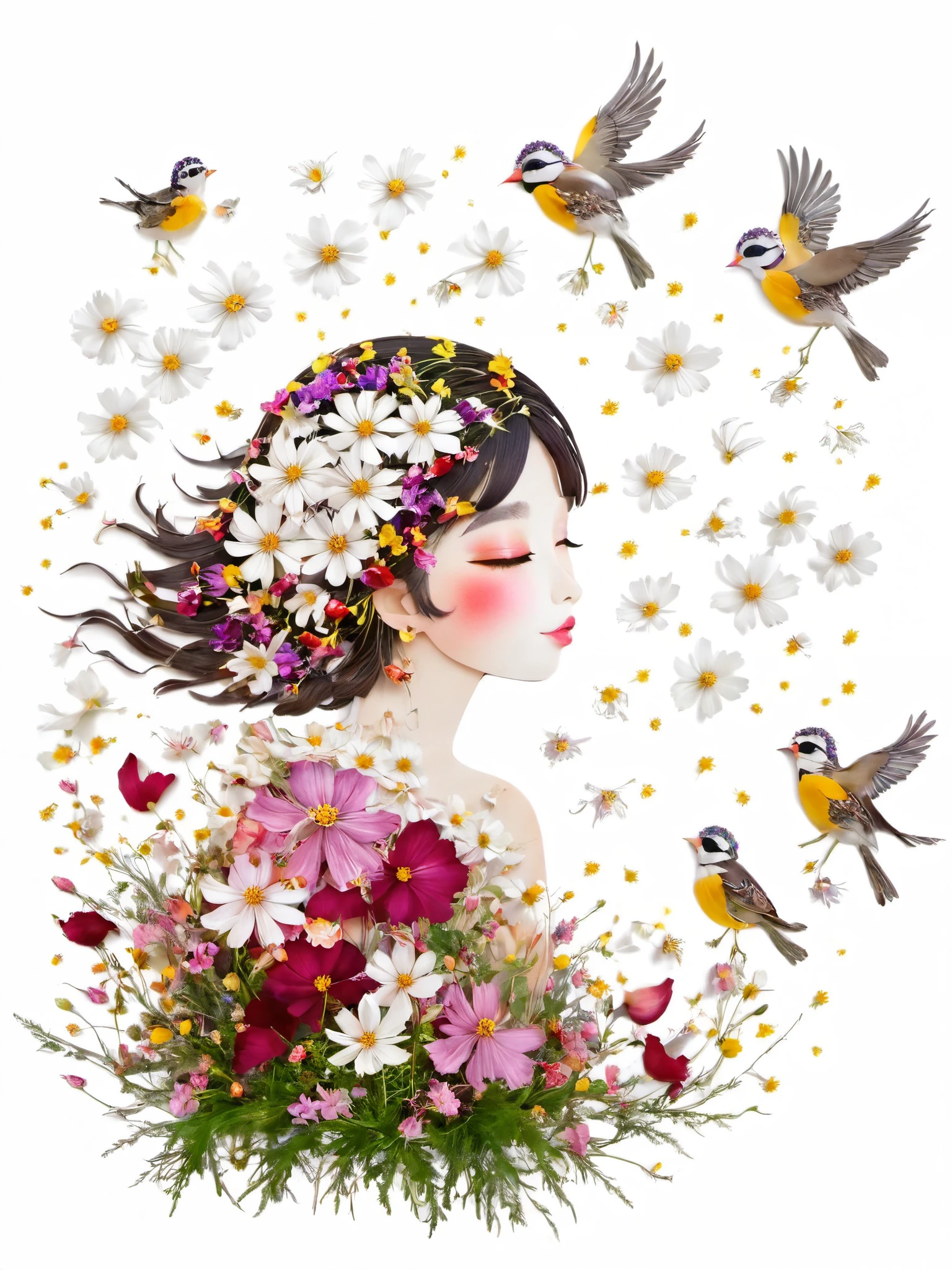 Fall Leaf Crafts, A girl made of flowers and birds, Cosmos flower、Small Birds、 Portraiture, White background、