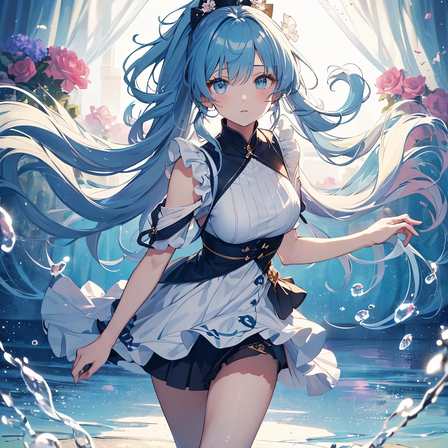 Sky Blue Medium Hair, (Braided Hair),(Pink Eyes),Fair skin ,(whole body),(1 girl)rain,梅rain、Water Dancer、Water Fairy、Straight bangs,(masterpiece, Highest quality, Very detailed, Best Shadow), (Detailed Background), (Beautifully detailed face), High Contrast, (Best lighting, Very delicate and beautiful), ((Cinematic Light)), colorful, Hyper Detail, Dramatic Light, Intricate details,