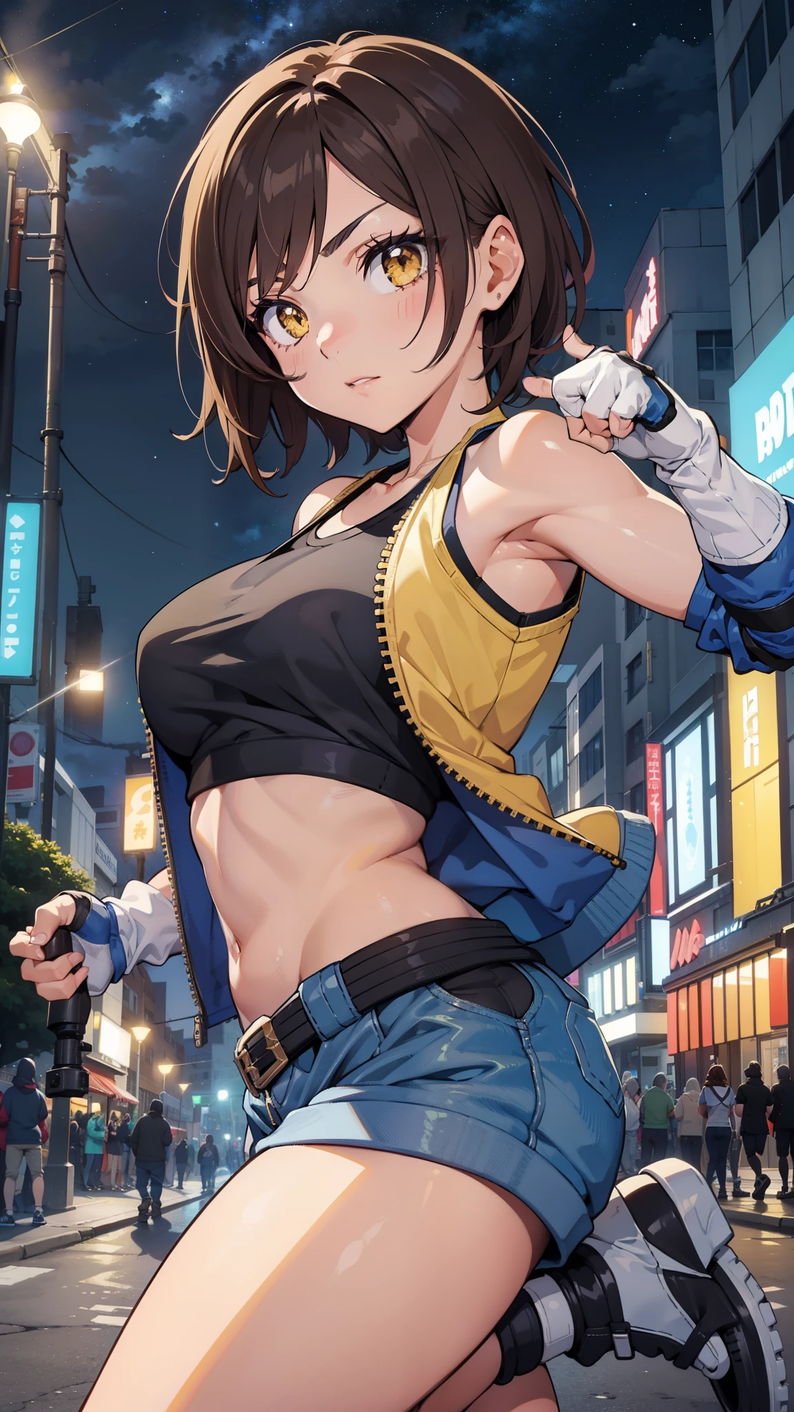 street dancer, short hair, brown hair, yellow glowing eyes, perfect lips, cute expression, cute face, cute pose, fingerless gloves, gun, tank top, jacket, cute pose, ultra detailed face, long eyelashes, sharp eyes , Fullbody shot, dinamic viewer, night sky