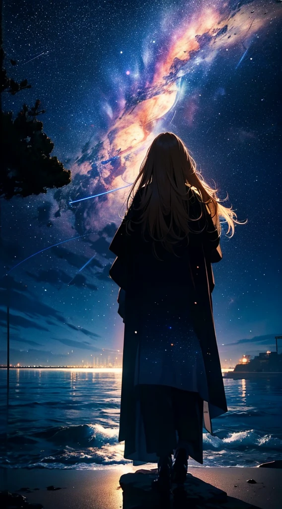 １people々,Blonde long-haired woman，Long coat， Dress Silhouette， Rear View，Raise your hand to grab something，Space Sky, The boundary ween sea and space，