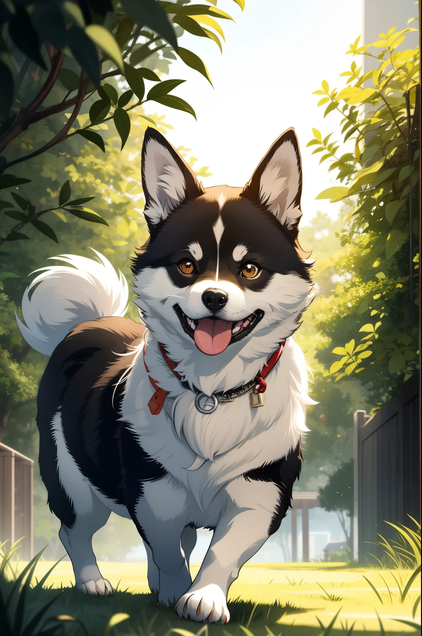 best quality, ultra-detailed, realistic, photorealistic, adorable, fluffy Shiba Inu dog, playful, curious expression, dark almond-shaped eyes, black button nose, pointy ears, fuzzy tail, vibrant fur colors, tan and white markings, beautiful outdoor scenery, natural environment, sunny day, green grass and trees, soft sunlight filtering through the leaves, happy dog running and playing, climbing a small hill, shadow and light interplay, beautiful contrast between the dog and the surroundings, blurred background with bokeh effect, sharp focus on the dog's details, showcasing the dog's personality and charm, dog's tongue sticking out as if it's smiling, expressive body language, lively and energetic atmosphere, joyful interaction with its surroundings, breathing life into the artwork, inviting viewers to enjoy the beauty of nature and the playful spirit of the Shiba Inu.