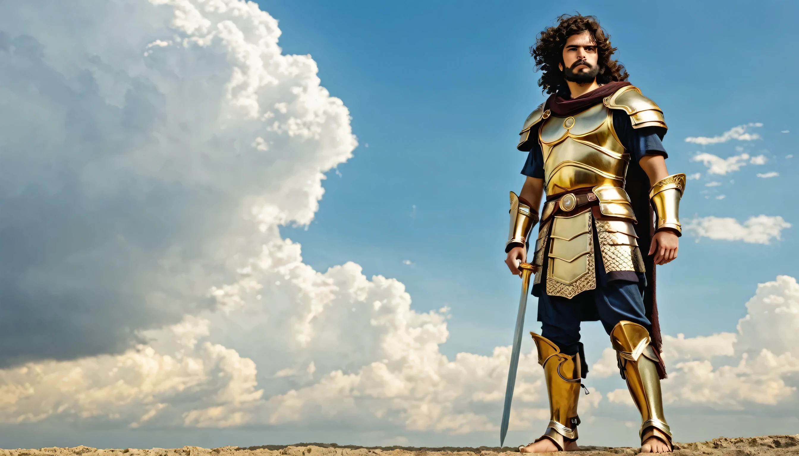 Babylonian king wearing a garment, solo, 1boy, male_focus, cloud, standing, sky, armor, long curly beard, long curly dark_hair, barefoot, gold_armor, full_body, helmet, crossed_arms