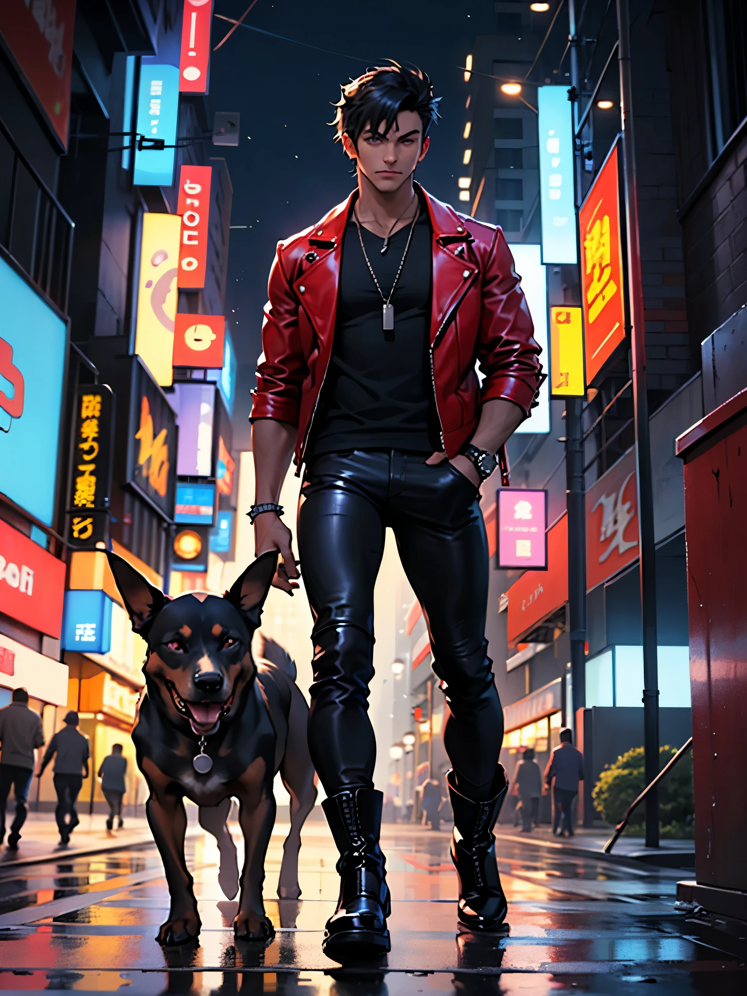 (best quality), (masterpiece), (highres), solo, solo focus, 1boy, male focus, mature college student, black hair, short hair, spiky hair, purple eyes, japanese. muscular, red leather jacket, black t-shirt, (black leather pants, biker boots), ((single dog tag)), hands in pocket, standing, walking, gruff look on face. new york city street backdrop, nighttime, outdoors, perfect lightning, (walking with dog, doberman pinscher)