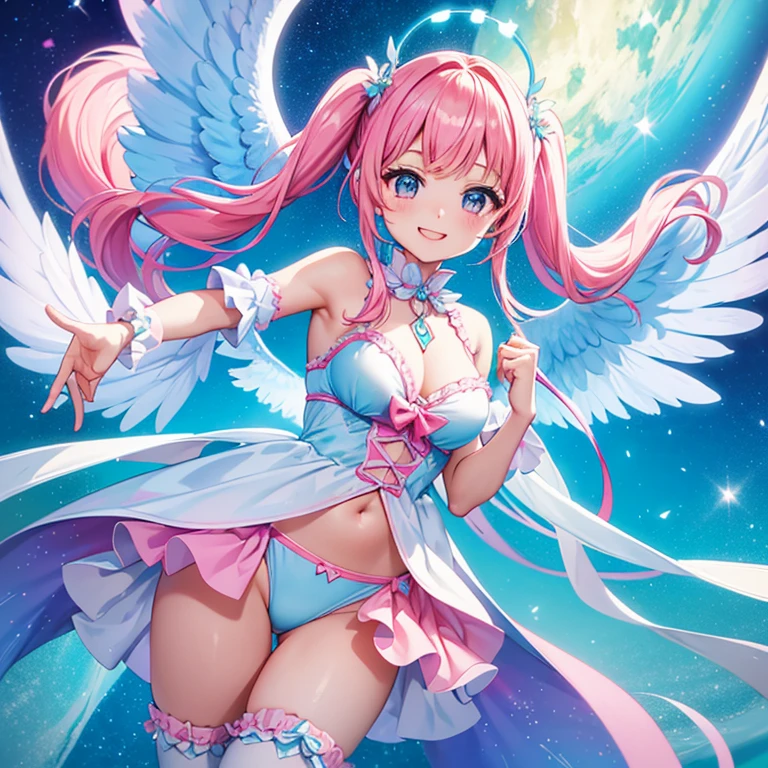 Colorful glowing angel wings、pretty girl、Adorable smile、Light blue long hair、Twin tails、Colorful angel costume、Pink and white outfit ((highest quality))、((masterpiece))、(Very detailed、Highest detail、Official Art、Beautiful and aesthetic:1.2) bikini