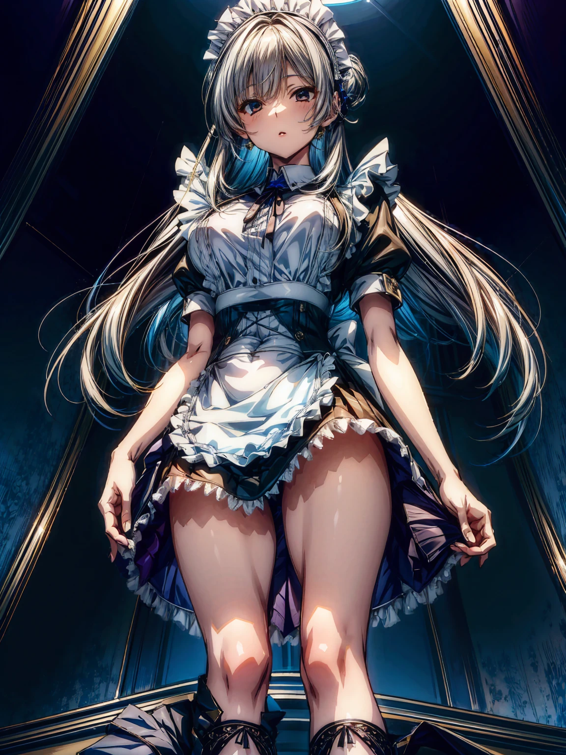 (Perfect Anatomy:1.2, highest quality),(Maid leotard details:1.6),One girl,alone,Long Hair:1.5, (Short sleeve, Thighs,Maid Cufflinks),,Hypno Lola, Hollow Eyes,High heel lace-up boots, (Without skirt:3.0),Dark aura,Leotrad,,From below,love for viewers,Look down,
