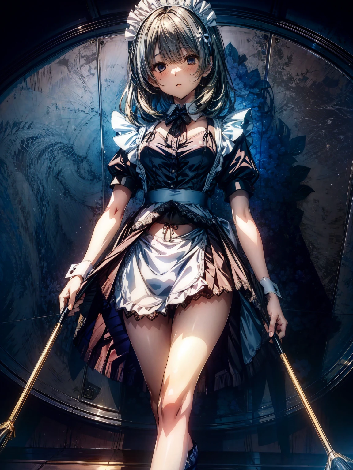 (perfect anatomy:1.2, highest quality),(Detailed maid leotard:1.6),1girl,solo,long hair:1.5, (short sleeves, Thighs,maid cuffs),,hypnoLora, empty eyes,high heel lace-up boots  boots, (no skirt:3.0),dark aura