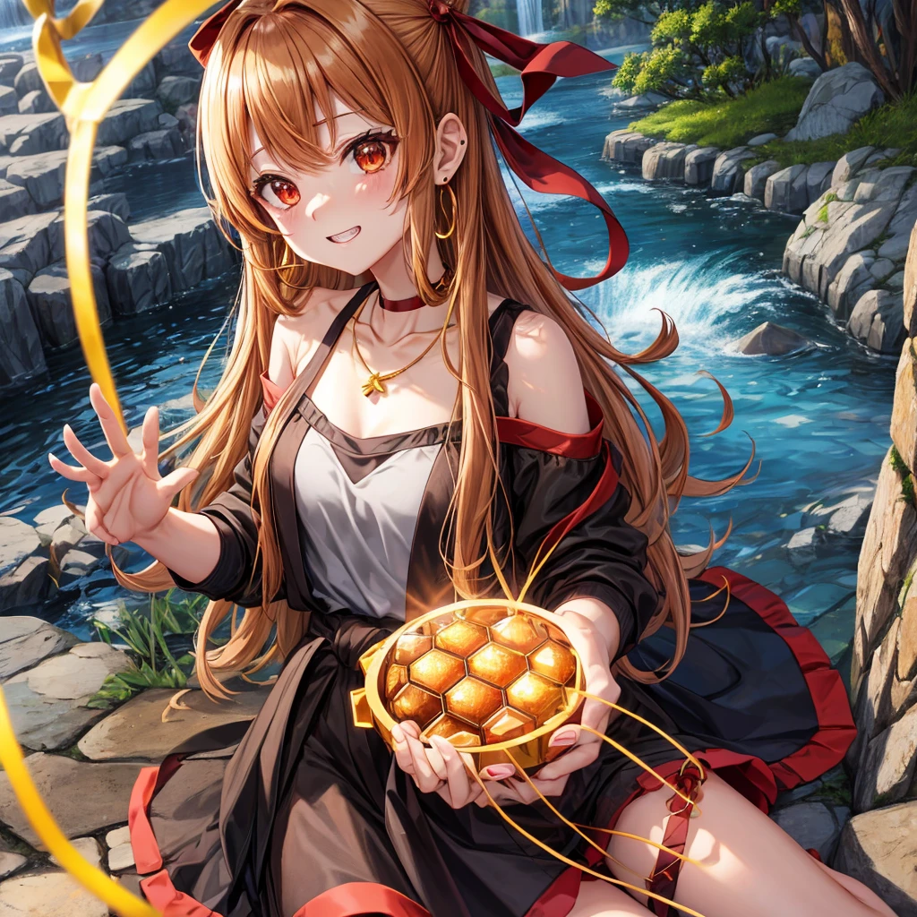 Brown, red, gold, golden hair、Red eyes、One good looking girl、solo、anime、Checkered mini skirt、Black camisole、Black T-shirt、hoodie、Wearing a ribbon、Ribbon on waist、Crystal Earrings、Gemstone Necklace、Light and shadow、Tilting face、Teeth are visible、waterfall、Kuroko、tunnel、pylon、Sunset sky、Towering、frilled lizard、light、flash、Barrel、honeycomb、Wife