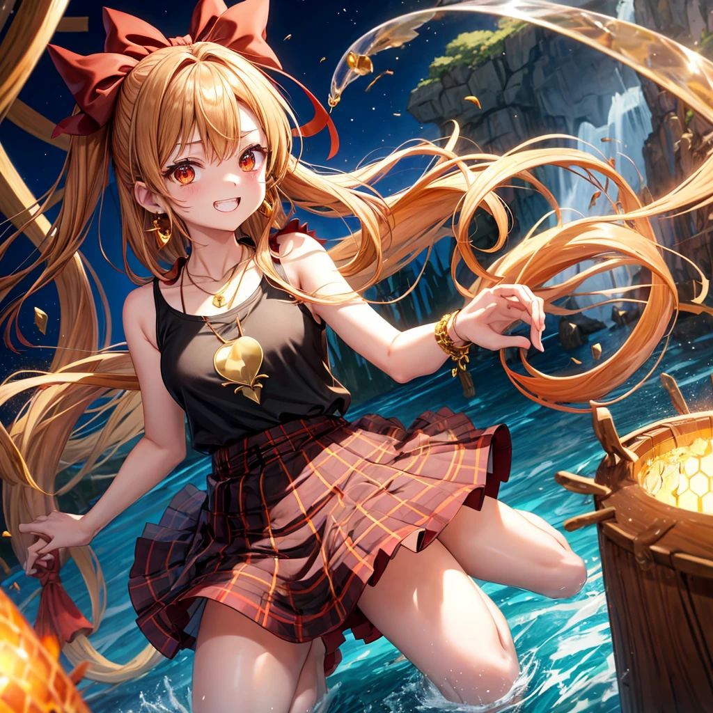 Brown, red, gold, golden hair、Red eyes、One good looking girl、solo、anime、Checkered mini skirt、Black camisole、Black T-shirt、hoodie、Wearing a ribbon、Ribbon on waist、Crystal Earrings、Gemstone Necklace、Light and shadow、Tilting face、Teeth are visible、waterfall、Kuroko、tunnel、pylon、Sunset sky、Towering、frilled lizard、light、flash、Barrel、honeycomb、Wife