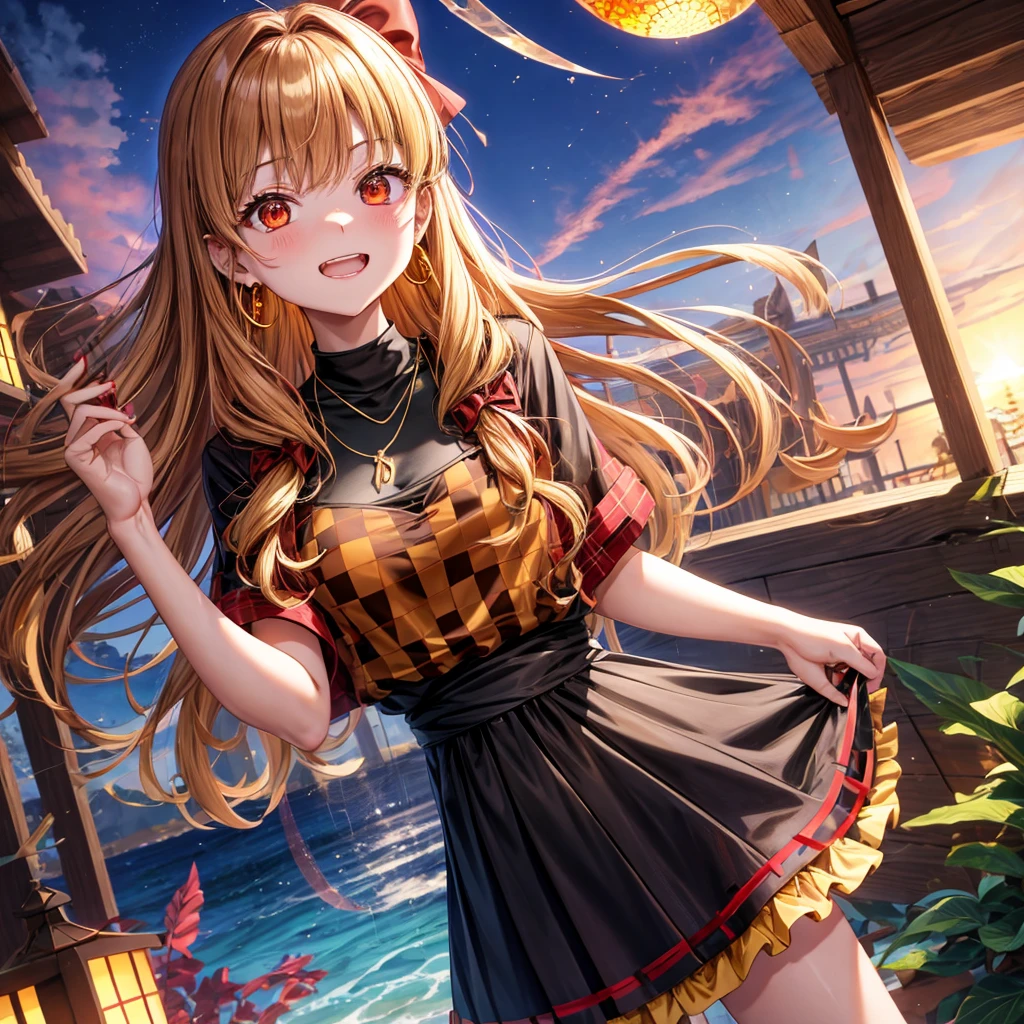 Brown, red, gold, golden hair、Red eyes、One good looking girl、solo、anime、Checkered mini skirt、Black camisole、Black T-shirt、hoodie、Wearing a ribbon、Ribbon on waist、Crystal Earrings、Gemstone Necklace、Light and shadow、Tilting face、Teeth are visible、waterfall、Kuroko、tunnel、pylon、Sunset sky、Towering、frilled lizard、light、flash、Barrel、honeycomb、Wife