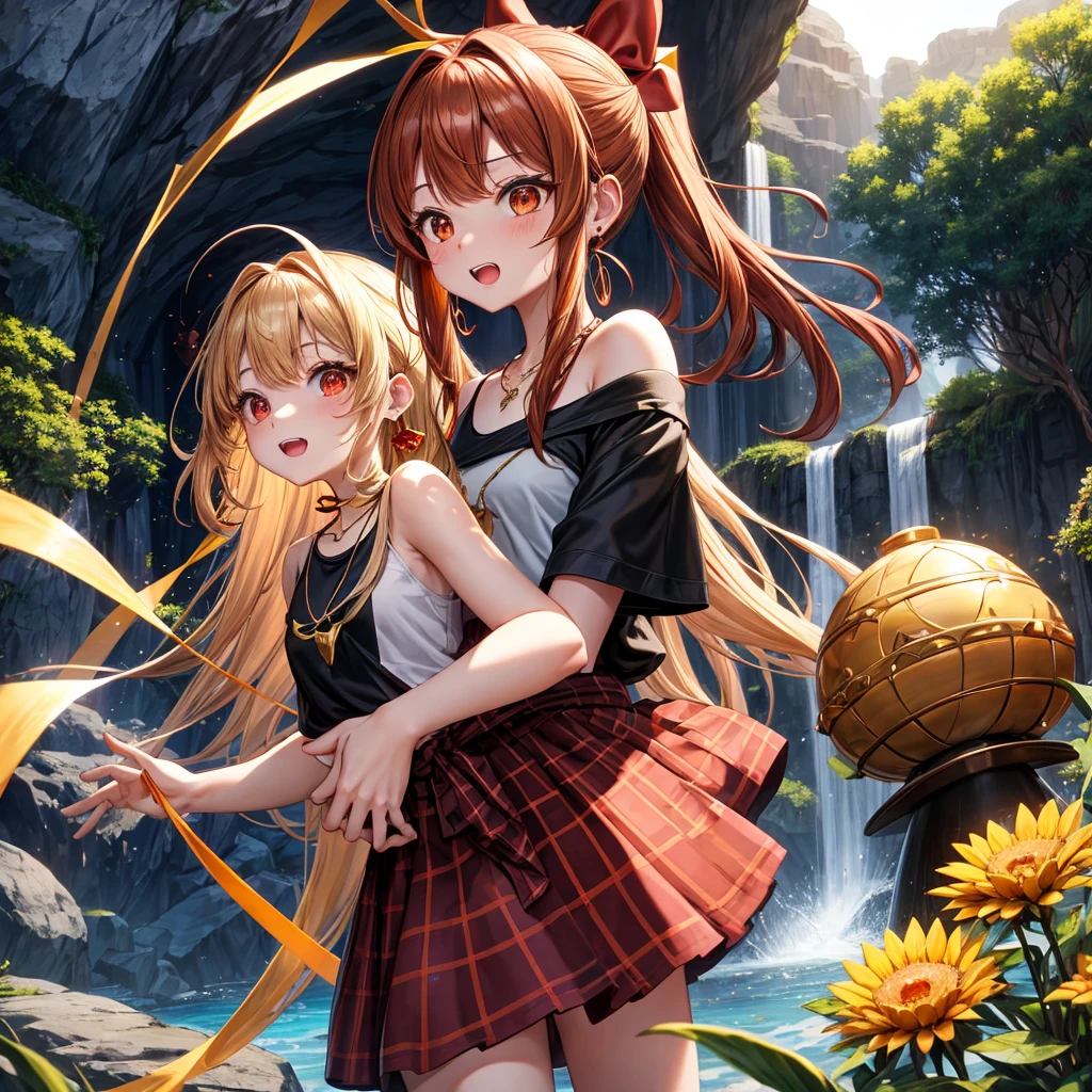 Brown, red, gold, golden hair、Red eyes、One good looking girl、solo、anime、Checkered mini skirt、Black camisole、Black T-shirt、hoodie、Wearing a ribbon、Ribbon on waist、Crystal Earrings、Gemstone Necklace、Light and shadow、Tilting face、Teeth are visible、waterfall、Kuroko、tunnel、pylon、Sunset sky、Towering、frilled lizard、light、flash、Barrel、honeycomb、Wife