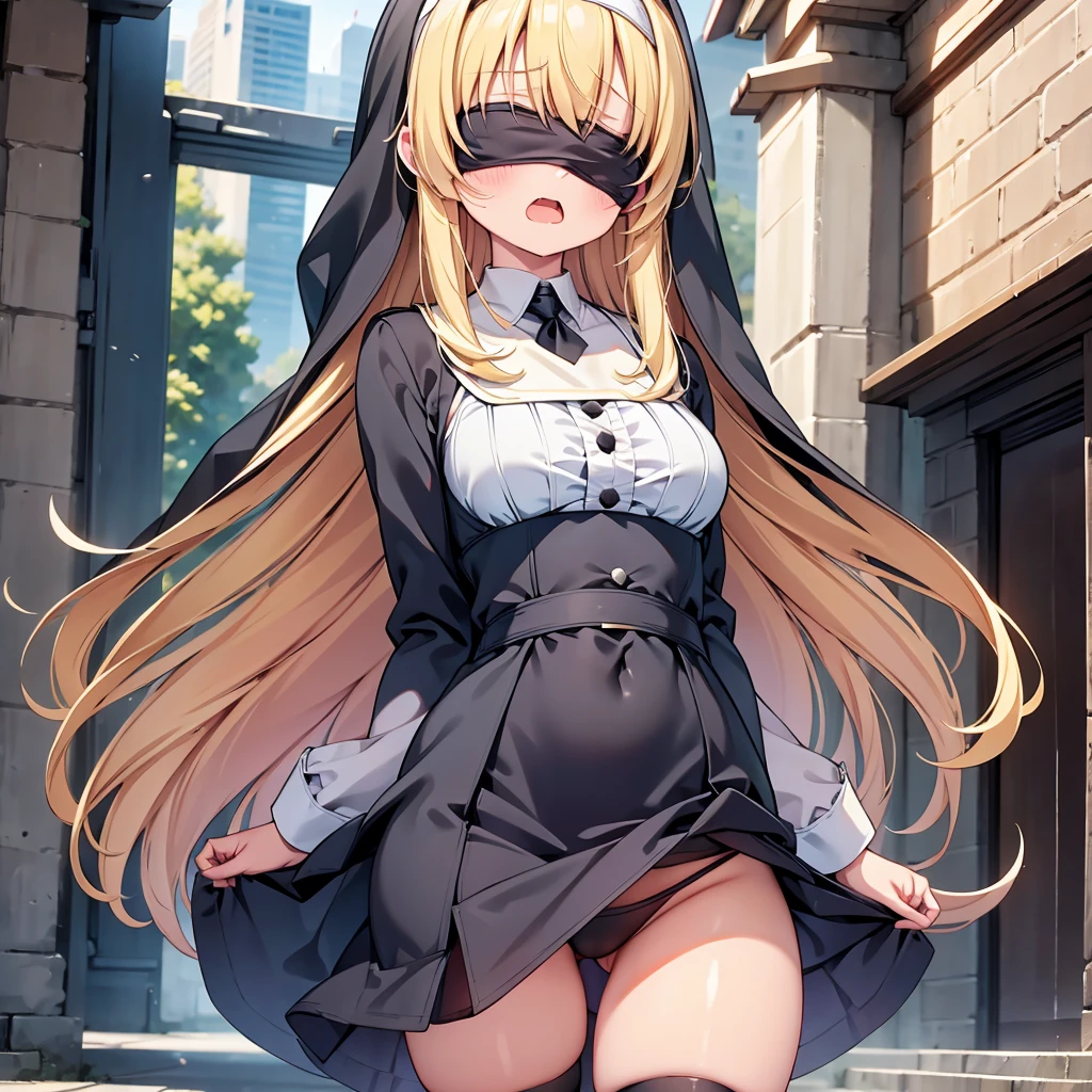 highest quality,wonderful,finely,extremely detailed CG Unity 8K wallpaper, (girl, very long hair, blonde, clothed), (nun :1.2), (small breasts), (open mouth:1.1), (long tongue:1.1), (mouth drool:1.1), (black stockings:1.1),(Thighs:1.2),(Waistline:1.2),(black blindfold, blindfold:1.5)