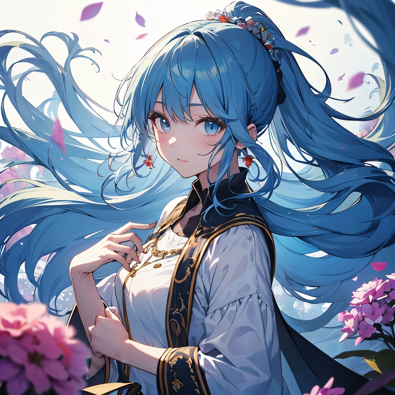 (masterpiece), (highest quality), (Super detailed),(Disheveled Hair),(figure), (One girl), (Fashionable clothes), Are standing, Fashion Model, View your viewers, (interview), (Simple Background),Beautiful fine details, Delicate and beautiful face, floating,(High saturation),(Colorful splashes),Colorful bubbles,(The Shining), Focus on the face, ponytail, kamisato ayaka, Light blue hair, bangs, Hair Ring, Floating Flowers, Floating hair, (The Shining), Best lighting, Best Shadow,
