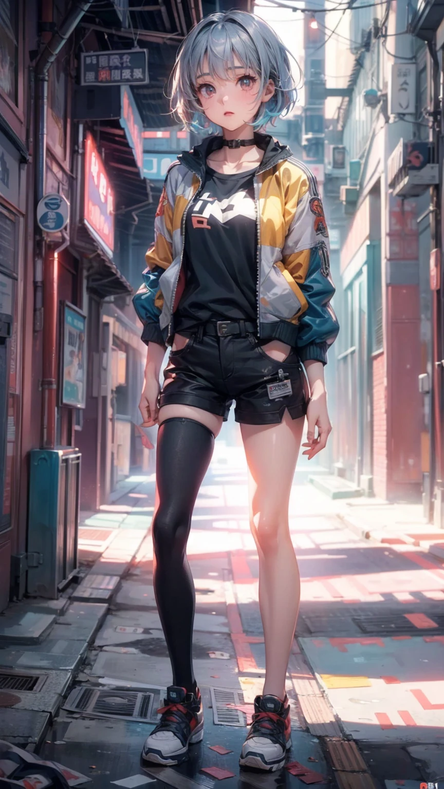((Highly detailed CG unit 8K wallpaper, masterpiece, High resolution, highest quality)), Structure from head to thighs:1.3, Upper body focus, 20-year-old woman, short hair, Avant-garde makeup, Hands in pockets pose:1.5, Grunge Fashion:1.2, wear a blouson:1.2, Blurred Background, A colorful, deserted alley, Cinema Lighting, Anime Style, Simple lines, Digital Painting,