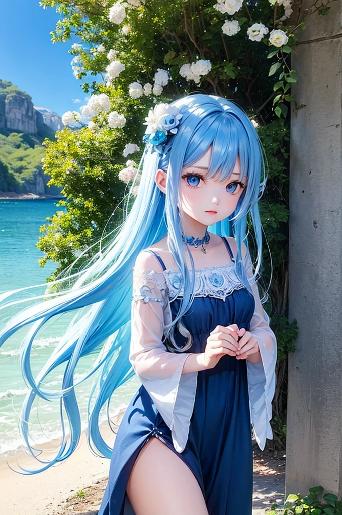 Blue Hair long hair Girl Blue Eyes Flower Hair Ornaments Blue dress Ocean