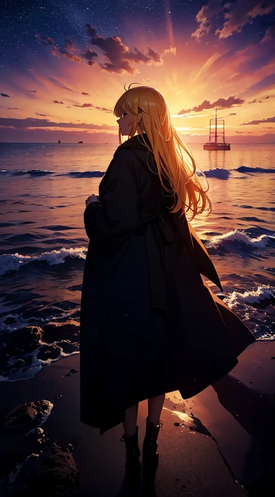 １people々々々々々々々々々々々々々,Blonde long-haired woman，Long coat， Dress Silhouette， Rear View，Space Sky, , Anime Style, sunset，The boundary between sea and space，