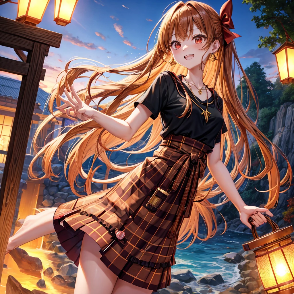 Brown, red, gold, golden hair、Red eyes、One good looking girl、solo、anime、Checkered mini skirt、Black camisole、Black T-shirt、hoodie、Wearing a ribbon、Ribbon on waist、Crystal Earrings、Gemstone Necklace、Light and shadow、Tilting face、Teeth are visible、waterfall、Kuroko、tunnel、pylon、Sunset sky、Towering、frilled lizard、light、flash、Barrel、honeycomb、Wife
