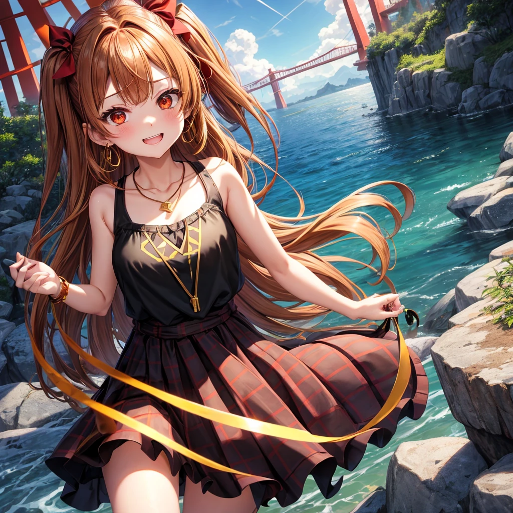 Brown, red, gold, golden hair、Red eyes、One good looking girl、solo、anime、Checkered mini skirt、Black camisole、Black T-shirt、hoodie、Wearing a ribbon、Ribbon on waist、Crystal Earrings、Gemstone Necklace、Light and shadow、Tilting face、Teeth are visible、waterfall、Kuroko、tunnel、pylon、Sunset sky、Towering、frilled lizard、light、flash、Barrel、honeycomb、Wife