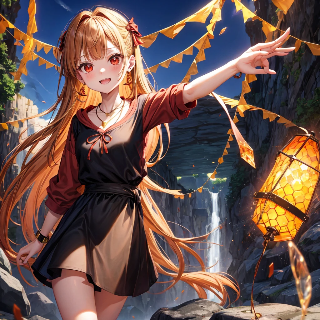 Brown, red, gold, golden hair、Red eyes、One good looking girl、solo、anime、Checkered mini skirt、Black camisole、Black T-shirt、hoodie、Wearing a ribbon、Ribbon on waist、Crystal Earrings、Gemstone Necklace、Light and shadow、Tilting face、Teeth are visible、waterfall、Kuroko、tunnel、pylon、Sunset sky、Towering、frilled lizard、light、flash、Barrel、honeycomb、Wife