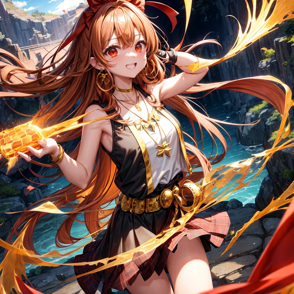 Brown, red, gold, golden hair、Red eyes、One good looking girl、solo、anime、Checkered mini skirt、Black camisole、Black T-shirt、hoodie、Wearing a ribbon、Ribbon on waist、Crystal Earrings、Gemstone Necklace、Light and shadow、Tilting face、Teeth are visible、waterfall、Kuroko、tunnel、pylon、Sunset sky、Towering、frilled lizard、light、flash、Barrel、honeycomb、Wife