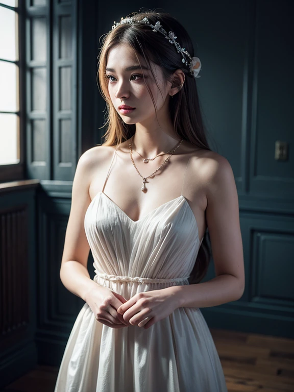 Best quality, masterpiece, high resolution, 1girl, porcelain dress, hair accessories, necklace, jewelry, beautiful face, on the body, Tyndall effect, realistic, dark studio, edge lighting, two-tone lighting, (high detail skin: 1.2), 8k UHD, dslr, soft light, high quality, volumetric light, candid, photo, high resolution, 4k, 8k, background blur,
