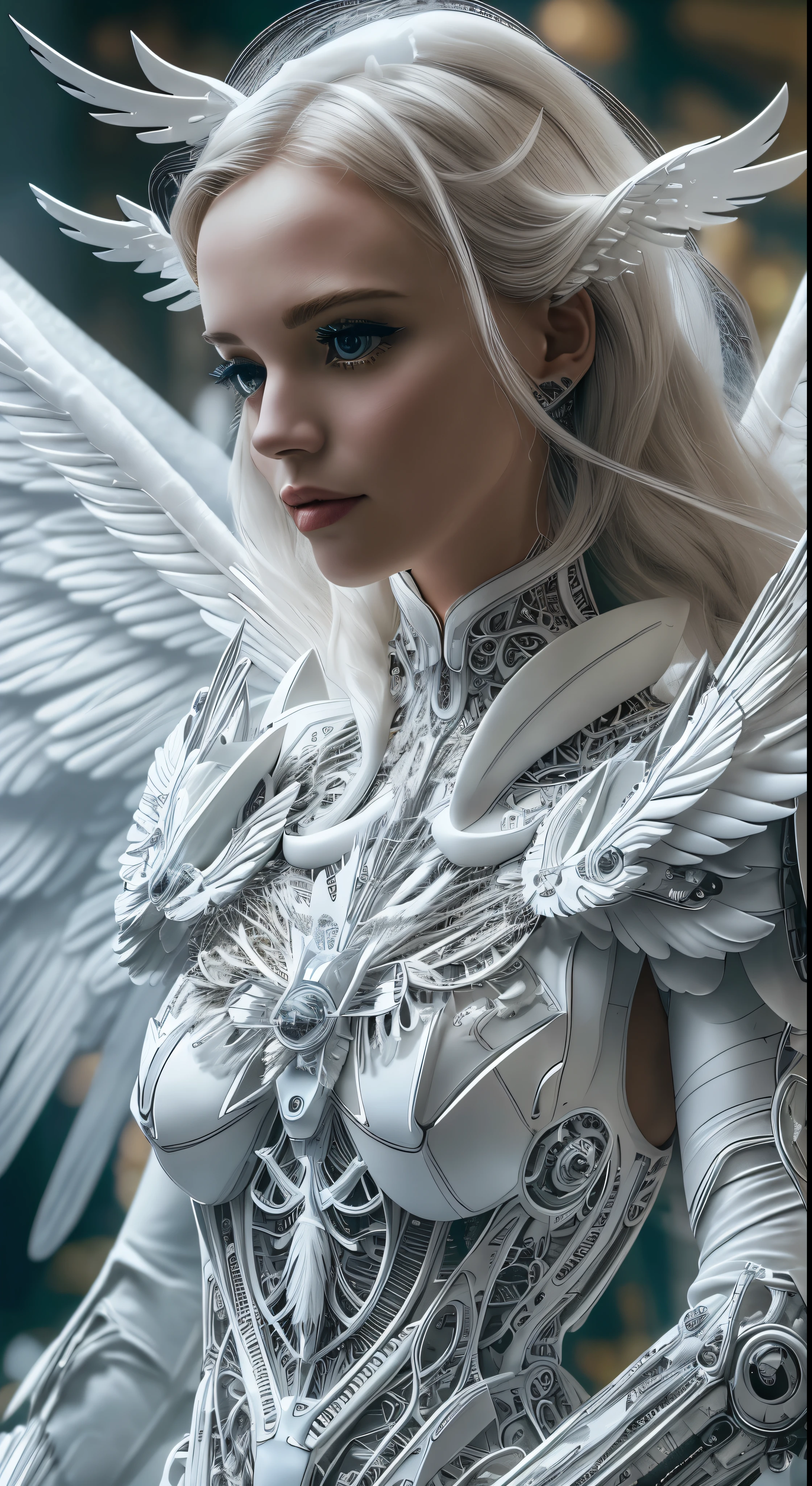 Close-up of a woman in a white dress with wings, Angel all over, Futuristic robot angel, Amazing angel wings, Angel Knight Gothic Girl, Angel in plastic armor, Intricate costume design, As the mysterious Valkyrie, Its whole body is made of white feathers,, Futuristic and fantastical, White Wings, Beautiful angel wings, Steampunk Angel, Beautiful cyborg angel girl, Graceful Wings