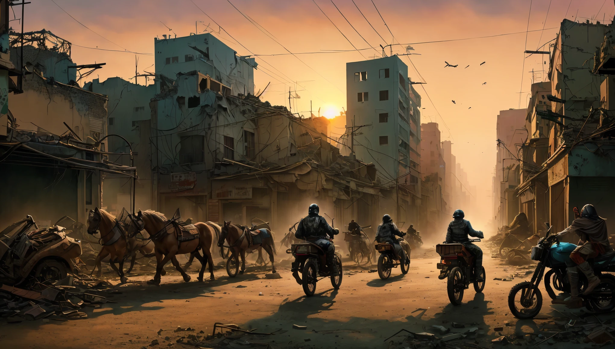 Horses riding on motorbikes at sunset, riders clad in post-apocalyptic gear, navigating through a ruined city overtaken by nature, overgrown buildings and vines, an eerie silence broken only by the roar of engines, Illustration, digital art,