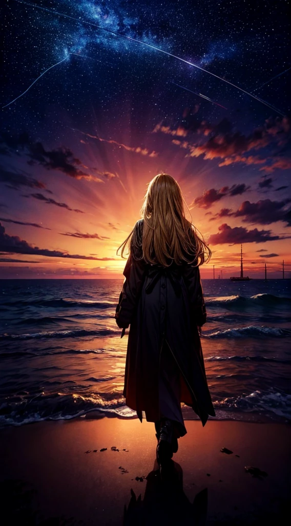 1people々々々々々々々々々々々々々,Blonde long-haired woman,Long coat, Dress Silhouette, Rear View,Space Sky, , Anime Style, sunset,The boundary between sea and space,