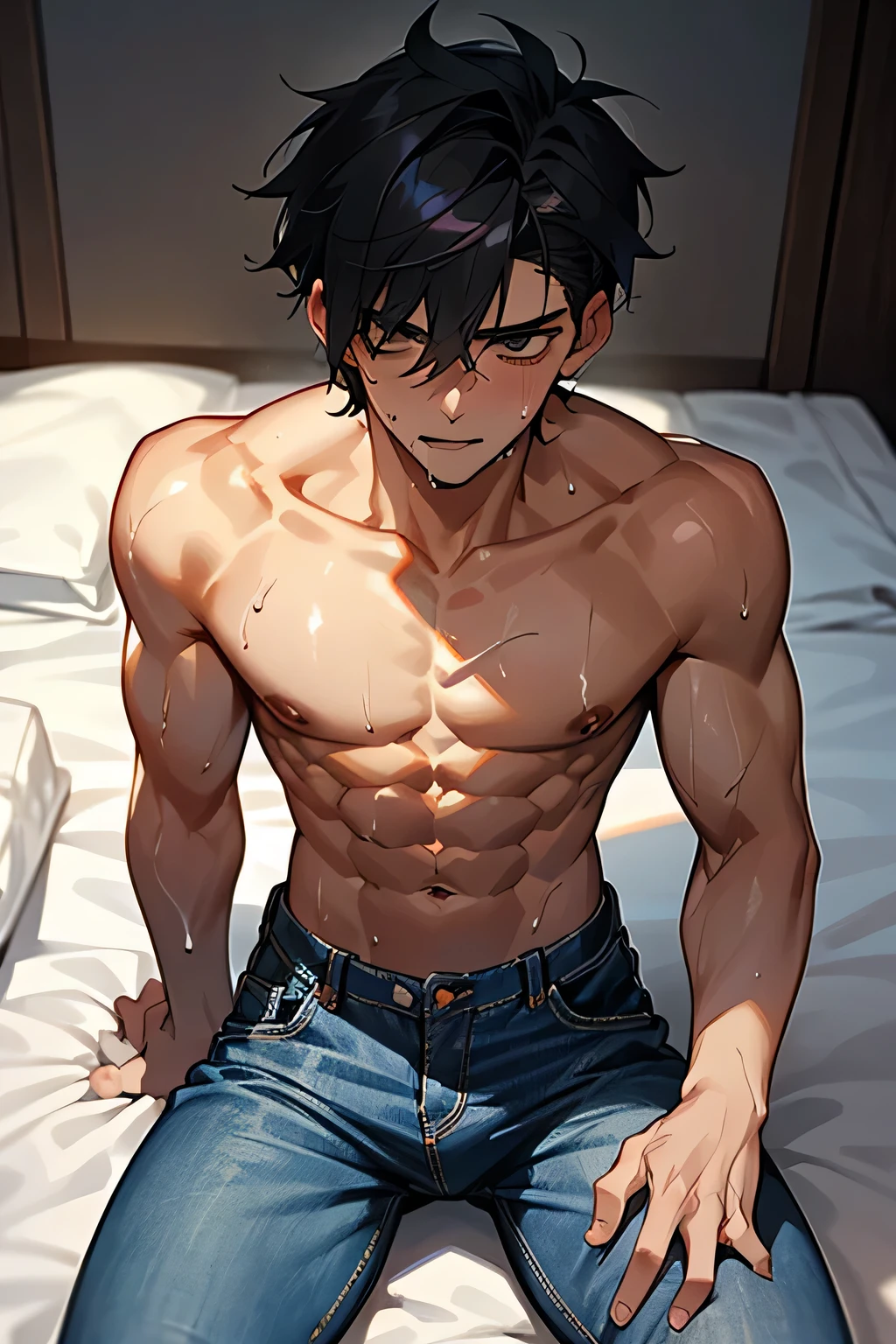 a shirtless 22-year old male wearing jeans, cute, handsome face, six-pack abs, beautiful body, well-defined body, sweat-drenched, soaking wet, drenched with sweat, sweating profusely, soaking wet with sweat, exhausted, panting, sitting in bed, in the bedroom