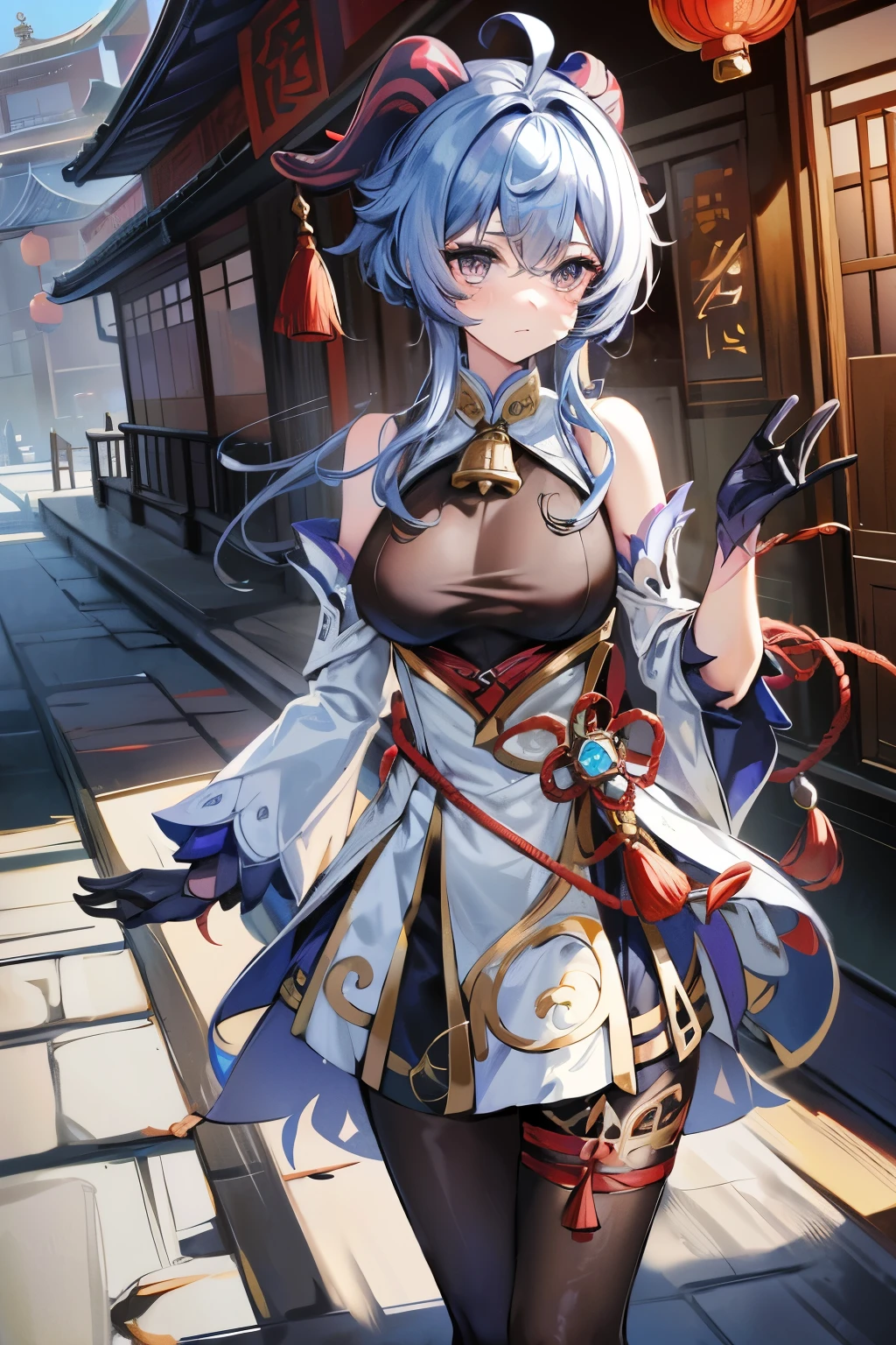 Hired\(Genshin Impact\), One girl, Ahoge, architecture, bangs, Exposing shoulders, Bell, black Glovess, black tights, ((Blue Hair), blush, chest, Chinese knot, sleeve, East Asian architecture, Flower knot, Gloves, Horn, Long Hair, Looking at the audience, chest囲中, neckBell, night, Outdoor, pantyhose, Purple eyes, Sideburns, alone, Tassel, white sleeves, ((masterpiece)),80 denier tights