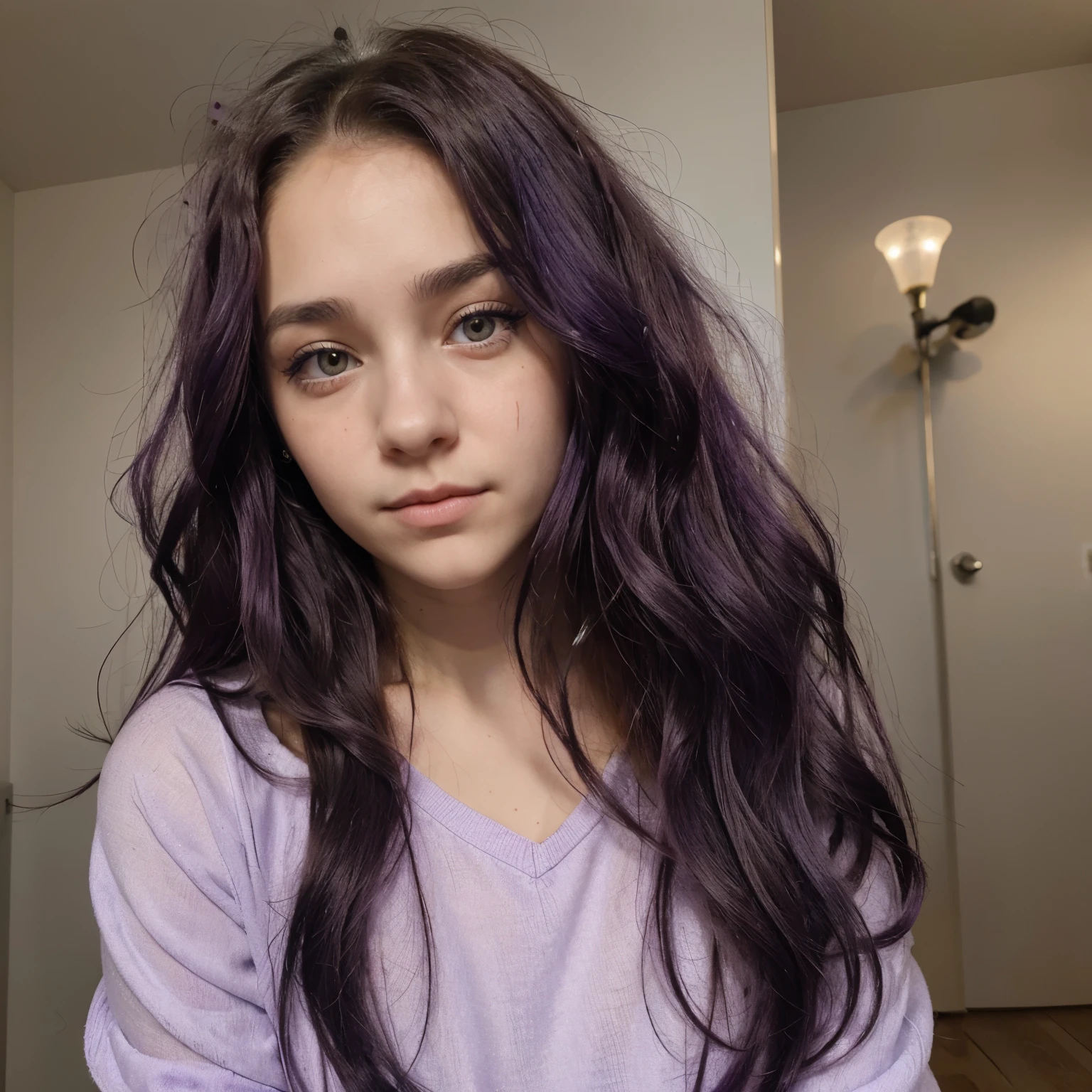 Fille  ans, long curly purple hair, expression mignonne, yeux roses, ville, petit trait d’eye-liner 