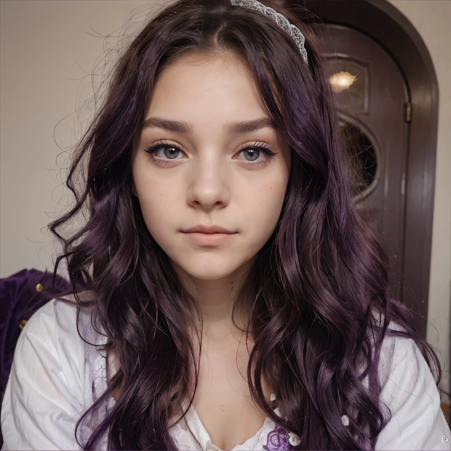Fille , long curly purple hair, expression mignonne, yeux roses, ville, petit trait d’eye-liner 