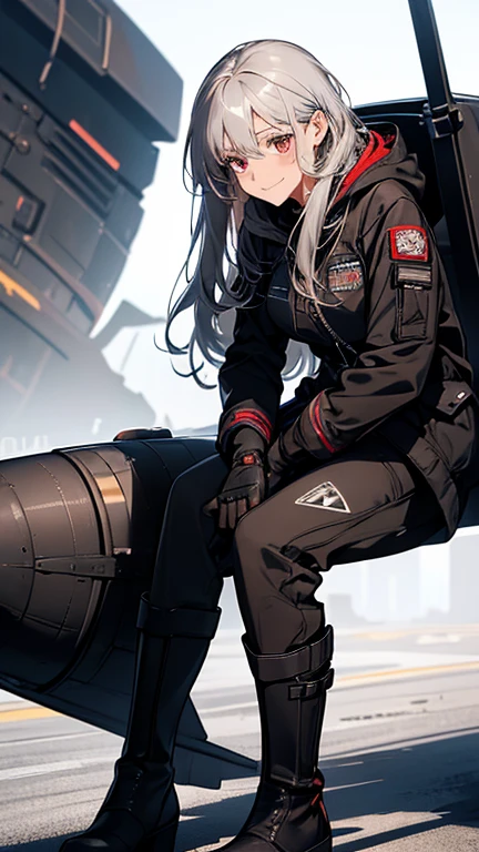 (Confused, High resolution, Very detailed), 1 female, Silver Hair,Long Hair,Reddish brown eyes,black pilot suit,boots,Small breasts,,Wearing a hood,Black pilot coat,Age 25,Beautiful woman,Adult women,,thin,quiet,Calm,A shy little smile