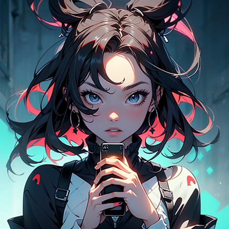 a close up of a person on a cell phone, anime cover, by Muqi, optix, horror themed, beautiful color theme, blu-ray transfer, inspired by Dong Qichang, cure, everything fits on the screen, clean lighting, streaming, full device, pills