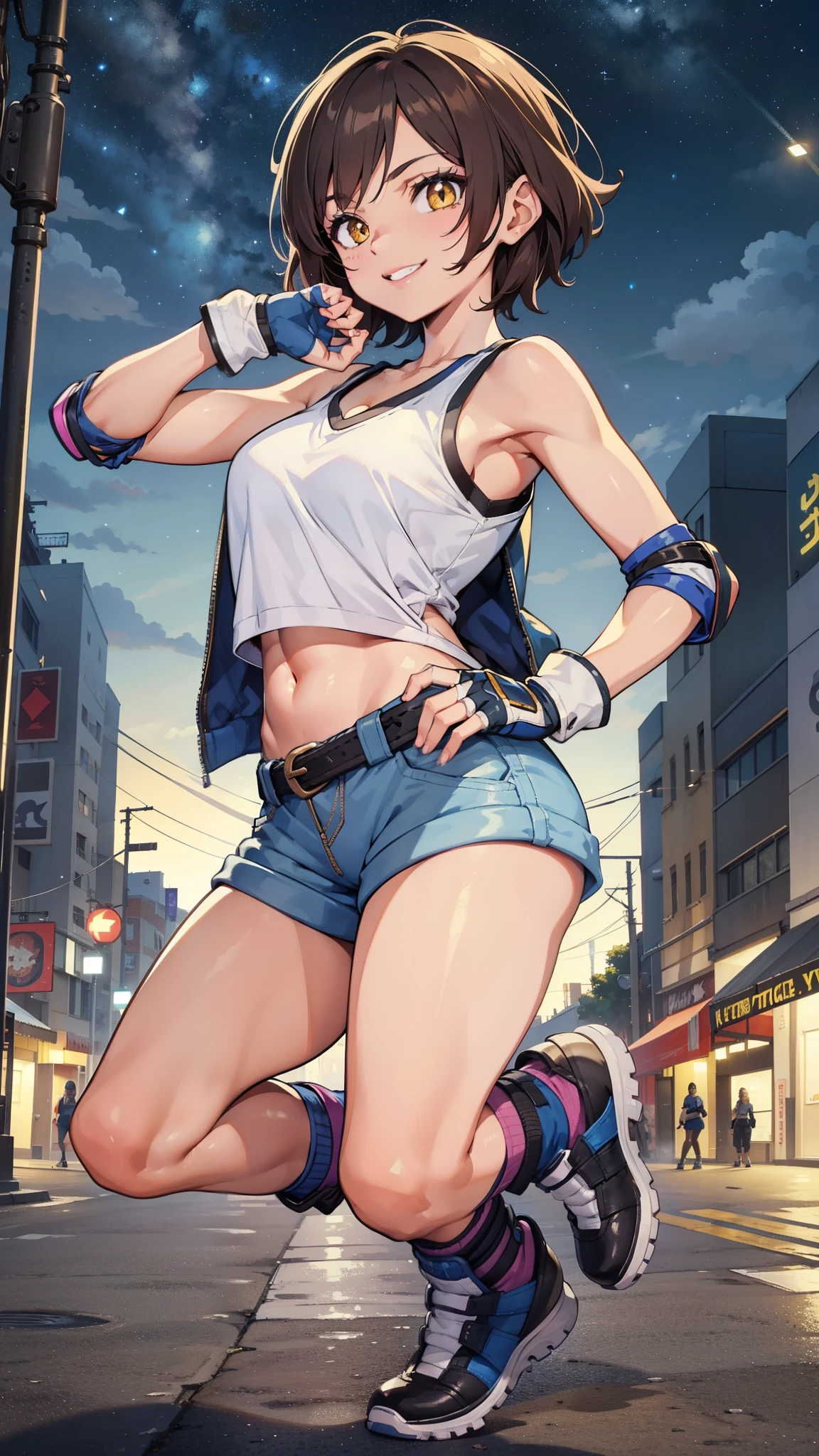 street dancer, short hair, brown hair, yellow glowing eyes, perfect lips,big smile , confident smile,cute expression, cute face, cute pose, fingerless gloves, gun, tank top, jacket, cute pose, ultra detailed face, long eyelashes, sharp eyes , Fullbody shot, dinamic viewer, night sky