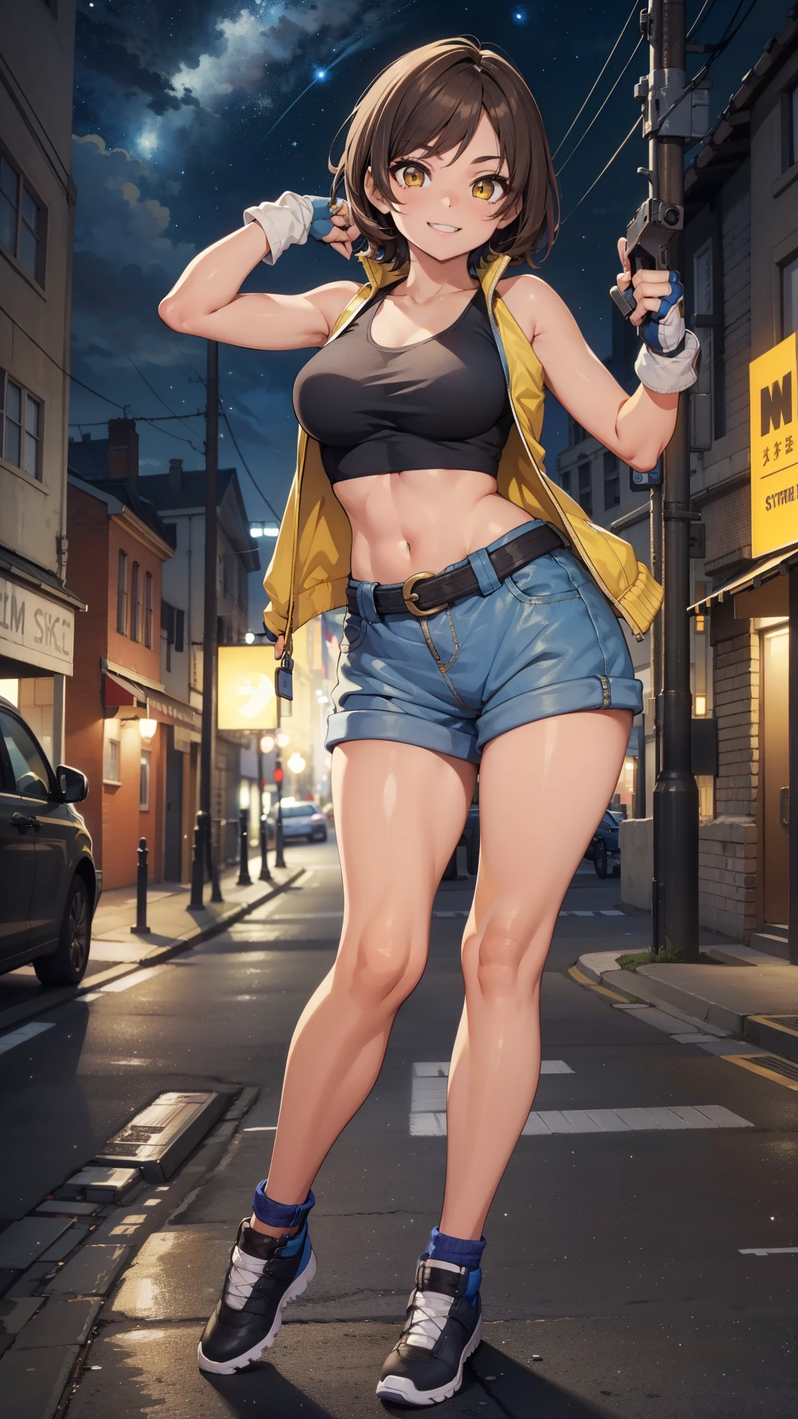 street dancer, short hair, brown hair, yellow glowing eyes, perfect lips,big smile , confident smile,cute expression, cute face, cute pose, fingerless gloves, gun, tank top, jacket, cute pose, ultra detailed face, long eyelashes, sharp eyes , Fullbody shot, dinamic viewer, night sky