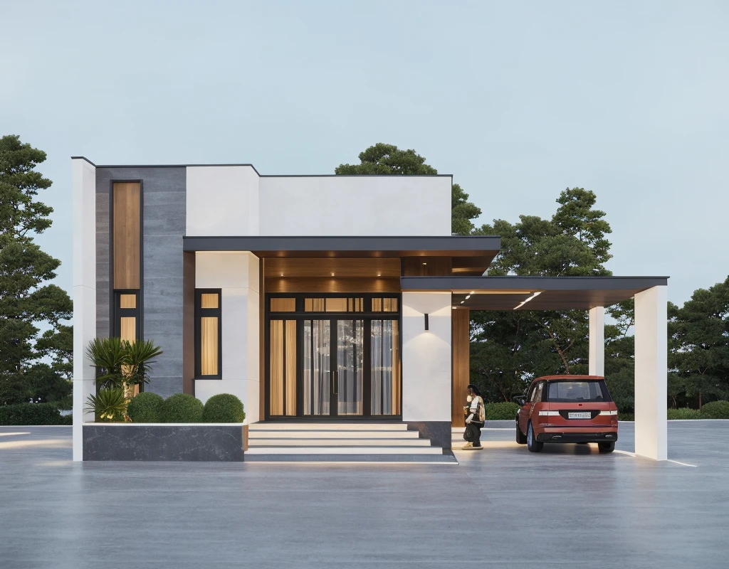 PLATFORM KTHOUSE, 1 morden villa, main material of villa about build color wall:1.2 glass panel:1.1 and stone:1.2, 1large yard, 1 road runs in front of the house, (RAW photo, real, best quality, masterpiece:1.2), look morden minimalist, 1 road in front of the house, dynamic lighting:1.3, (hyper realistic, photo-realistic:1.2), high quality, (dark lighting:1.2), perfect lighting, archdaily, no human