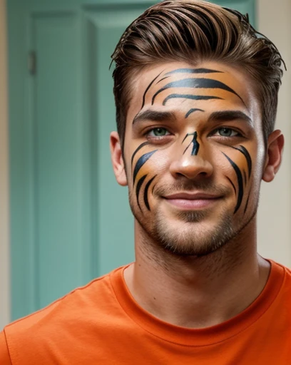 handsome 35 year old desirable caucasian man with distinguished features, ((tiger face paint)), light brown medium length hair, clean cut haircut, ((clean shaved face)), (intriguing green eyes), seductive smile with a gentle expression, athletic build, tall height, orange tee shirt, detailed depiction of facial features, perfectly symmetrical face, crisp details, ultra-fine rendering, bathroom lighting which masterfully accentuates his excellent features,