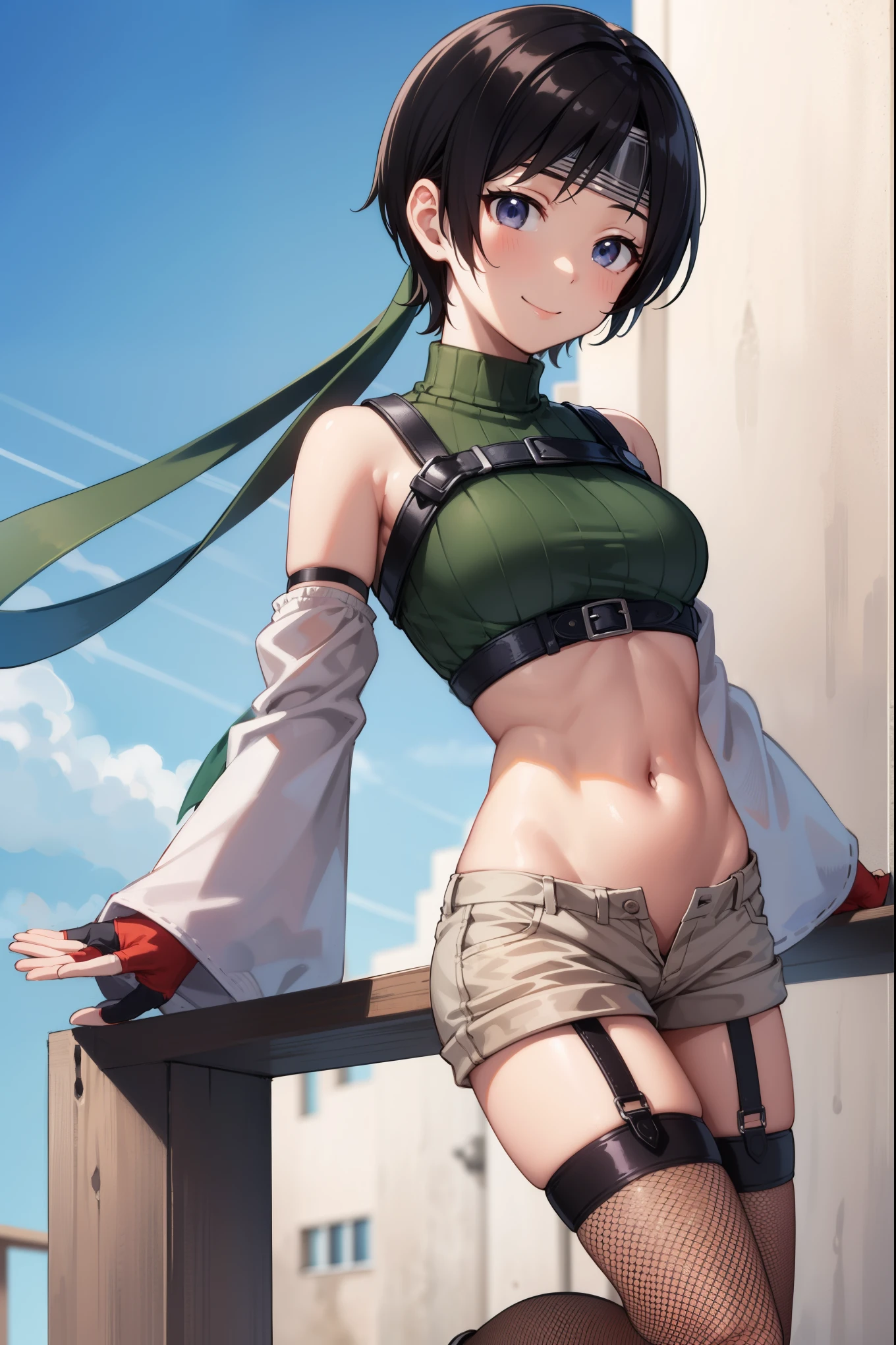 yuffiekisaragi, Yuffie Kisaragi,Haircuts, pixie cut,
壊す crop top, fingerless gloves, fishnet Thighhighs, fishnet, forehead protector, gloves, head band, belly button, short shorts, shorts, single sleeve, single thigh high, No sleeve, No sleeve turtleneck, Thighhighs, turtleneck,
bench、blue sky、smile, solo,rising_leg ,apart_legs