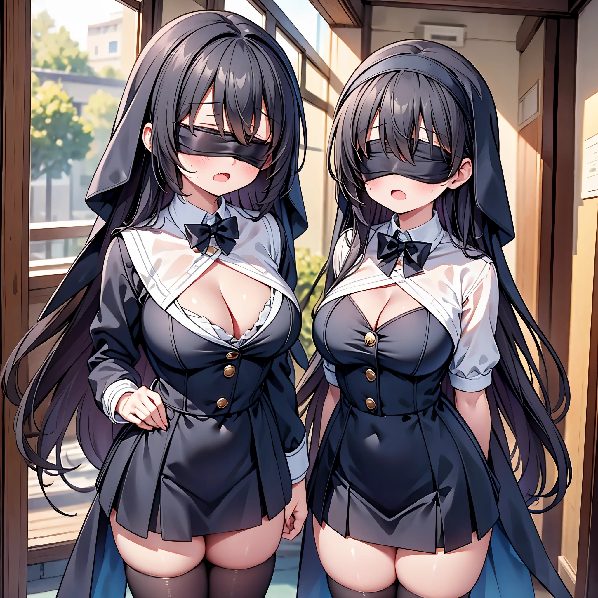 (cute eyes:1.2), (sparkling eyes:1.2), highest quality,wonderful,finely,extremely detailed CG Unity 8K wallpaper, (Stand in line:1.2), (3 girls, very long hair, clothed), (nun :1.1), (cleavage cutout), (midium breasts), (open mouth:1.1), (long tongue:1.1), (mouth drool:1.1), (black stockings:1.1),(Thighs:1.1),(Waistline:1.1),(black blindfold, blindfold:1.5)