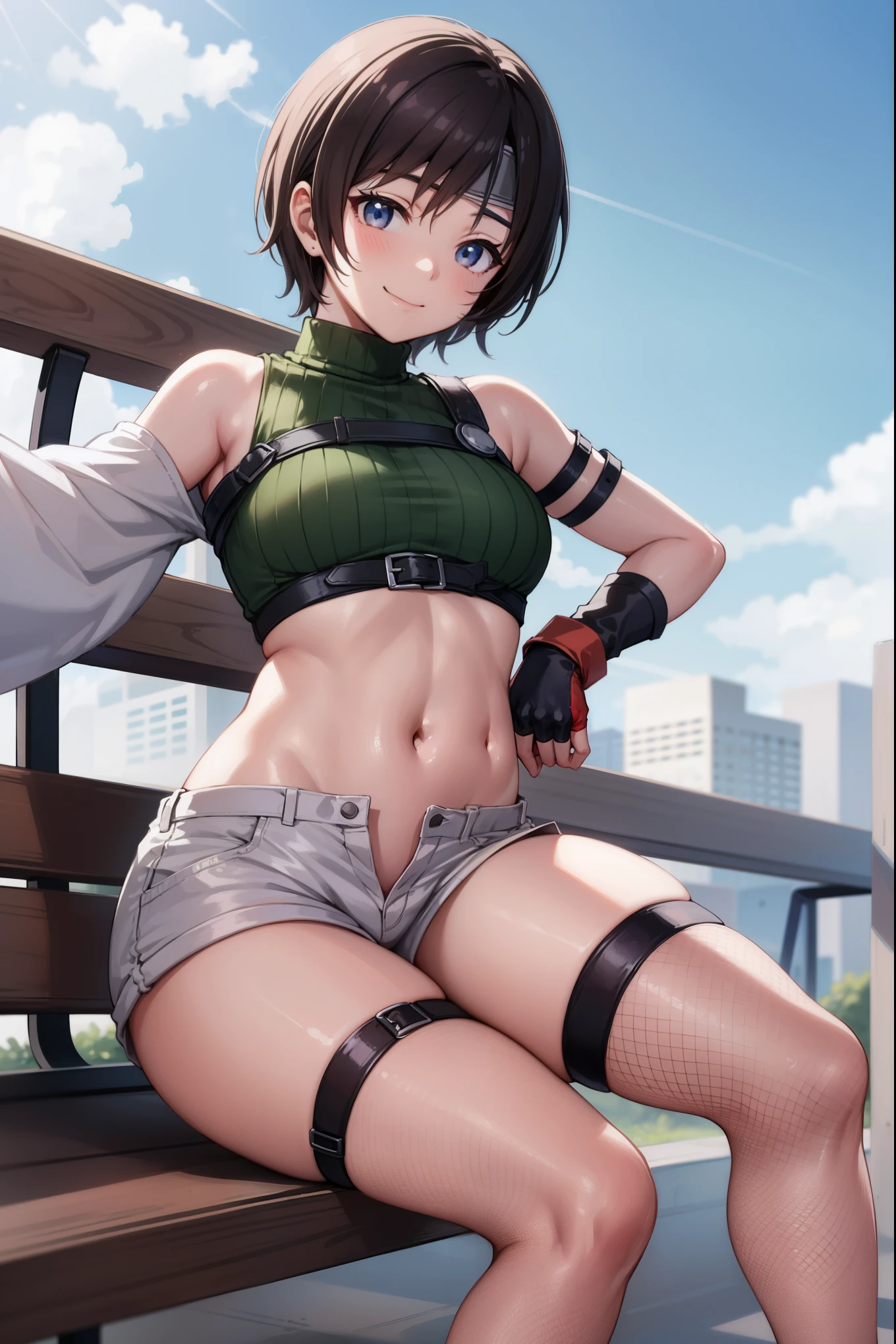 yuffiekisaragi, Yuffie Kisaragi,Haircuts, pixie cut,
壊す crop top, fingerless gloves, fishnet Thighhighs, fishnet, forehead protector, gloves, head band, belly button, short shorts, shorts, single sleeve, single thigh high, No sleeve, No sleeve turtleneck, Thighhighs, turtleneck,
bench、blue sky、smile, solo,rising_leg ,apart_legs