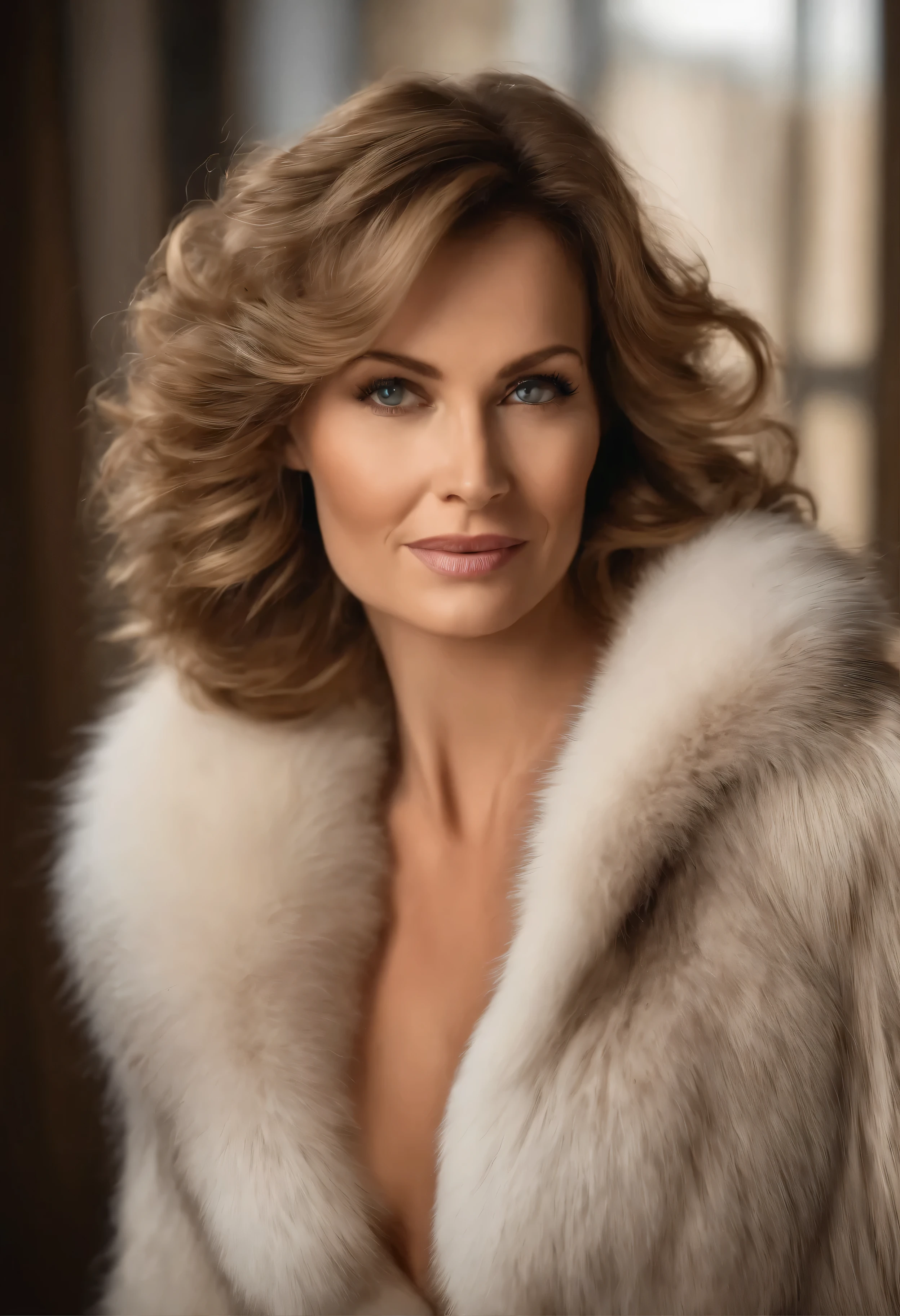 45 ans,(Une MILF:1.2), un regard captivant, yeux verts, cheveux blonds,A very wide and very thick, very short sand mink fur coat, fifty centimeters thick, duveteux, naturel, with an ultra thick white and sand mink fur collar, three layers, souriante, fully nude front view, bare shoulders, and two large breast discovered by the fur, Sosie de la vieille femme Carla Gugino, Detailed wrinkles (8K, high resolution, Ultra-quality, A quality of&#39;image ultra élevée, ultrarealistic, best quality:1.2) (gros seins en bonnet D:1.1), eyes visible through the hair, with silver gray hair, bobbed hair, Bonne position des yeux, cinematic light, Soft light, lombes, la nuit, detailed color background, Convoluted, Very detailed, 8K, Overall Silhouette, posant professionnellement sur un canapé penthouse, En regardant directement la caméraUne photo d&#39;une femme souriante Nikon D850, objectif 85 mm