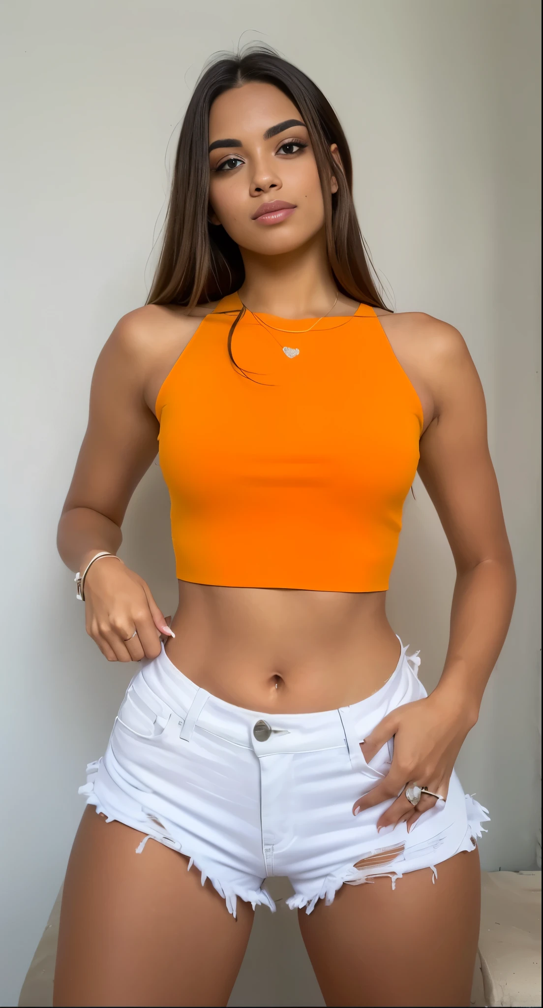 a close up of a woman in a short jeans and a corte superior, usando um top cropped sexy, topo de colheita, wearing corte superior, top laranja, corte superior, grosso, a menor barriga de todos os tempos, vestindo roupas simples e justas, 2 modelo feminino de 4 anos, vestindo um top cortados, vestindo uma regata, vestindo um top cortado