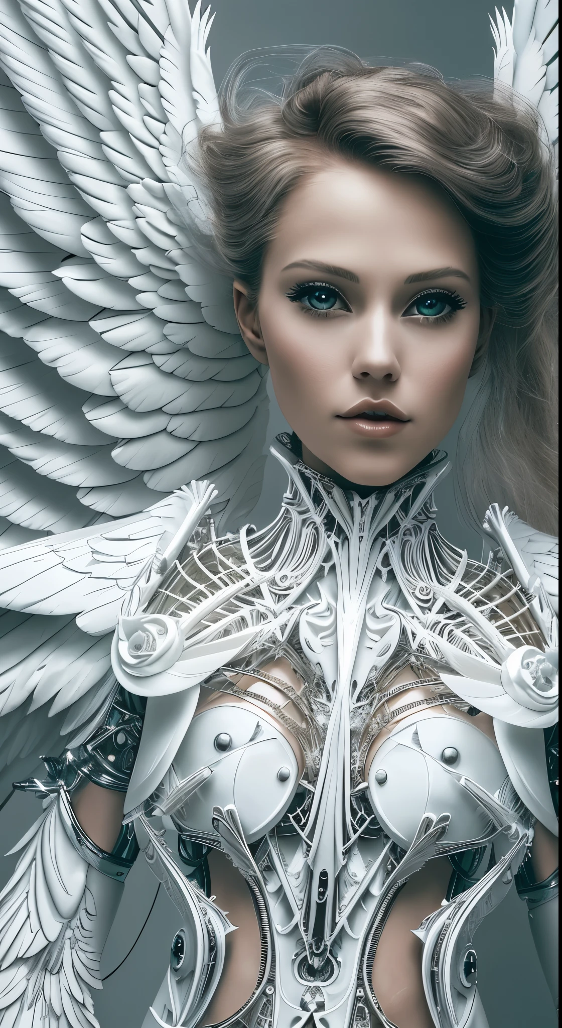 Close-up of a woman in a white dress with wings, Angel all over, Futuristic robot angel, Amazing angel wings, Angel Knight Gothic Girl, Angel in plastic armor, Intricate costume design, As the mysterious Valkyrie, Its whole body is made of white feathers,, Futuristic and fantastical, White Wings, Beautiful angel wings, Steampunk Angel, Beautiful cyborg angel girl, Graceful Wings